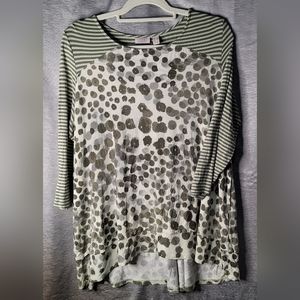 LOGO by LORI GOLDSTEIN GREEN BLOUSE SIZE MEDIUM WITH STRIPES AND ANIMAL PRINT